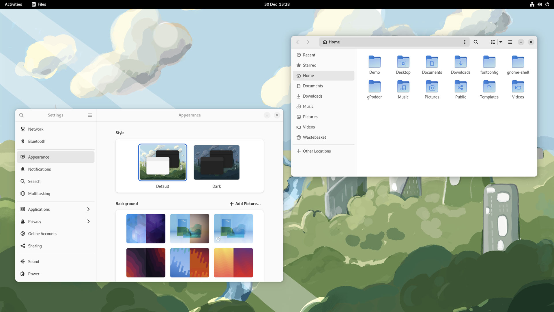 A desktop screenshot of Fedora 37 Workstation with the Settings app and Nautilus file manager open
