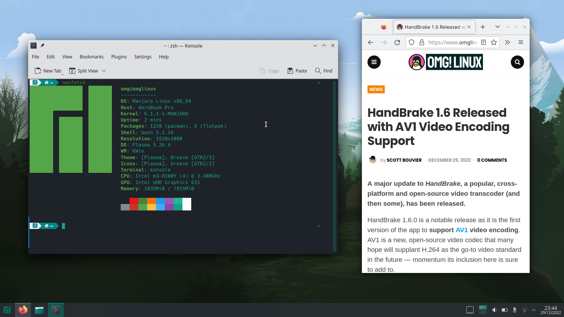 a screenshot of the Manjaro Linux distribution with a terminal and web browser open