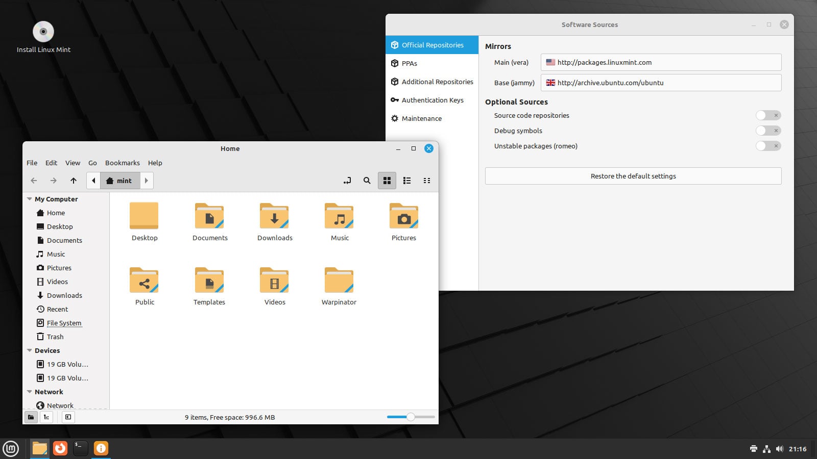 a desktop screenshot of Linux Mint 21.1 with new folder icons showing in the Nemo file manager