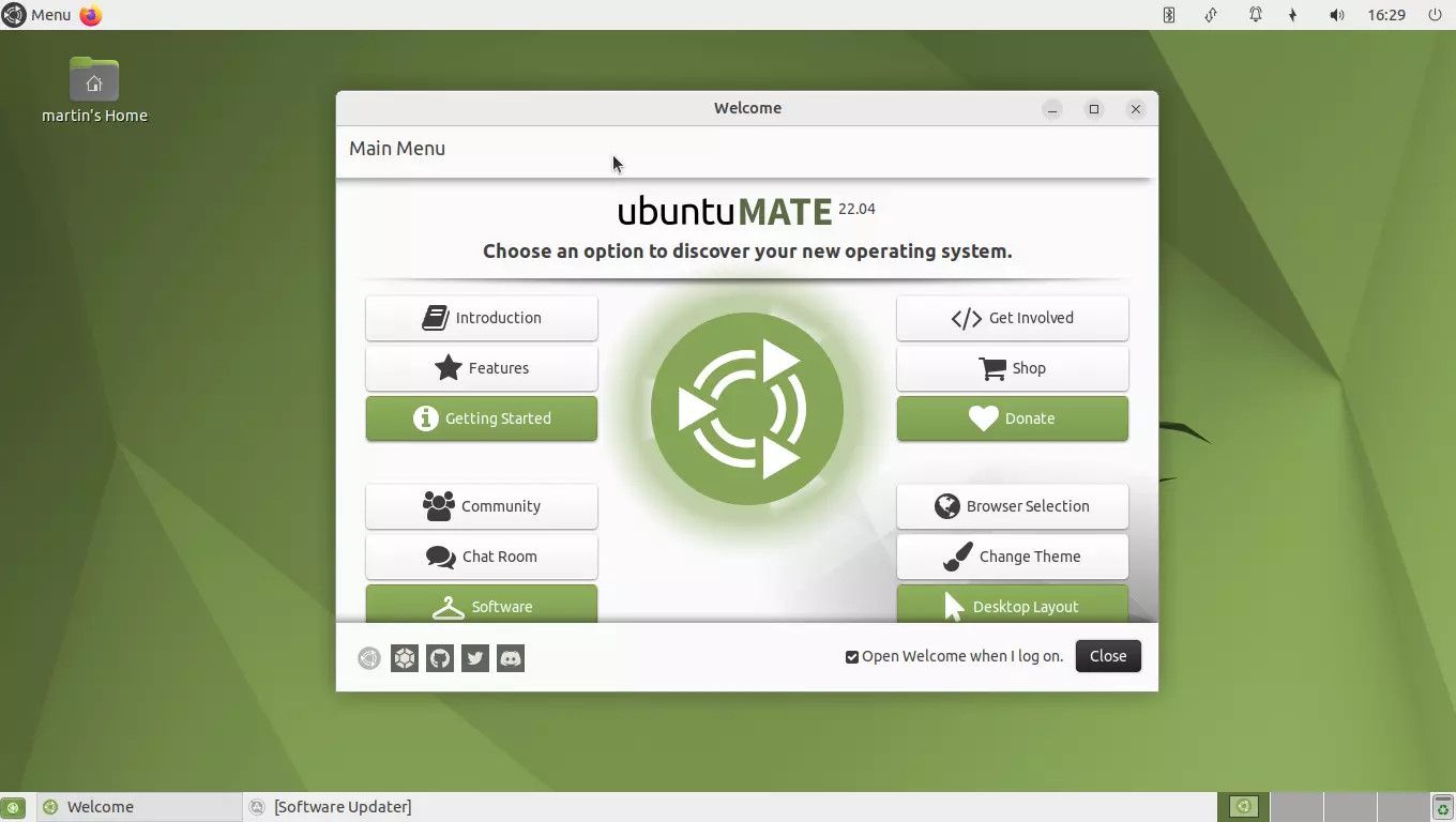 Ubuntu MATE 截图，欢迎屏幕提供了各种选项，以获得良好的开机体验