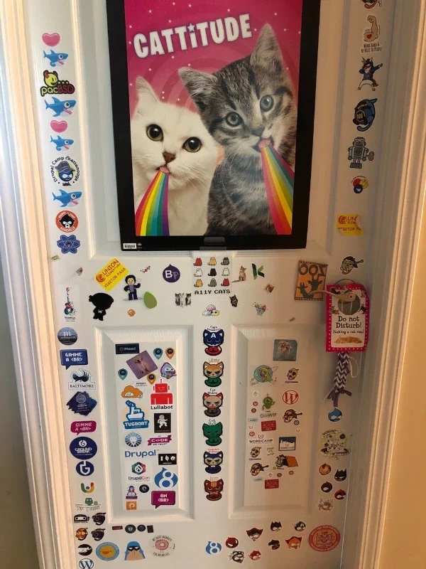 Cindy William 的女儿房门上贴满了来自各种 WordPress 和 Drupal Camp 的标志