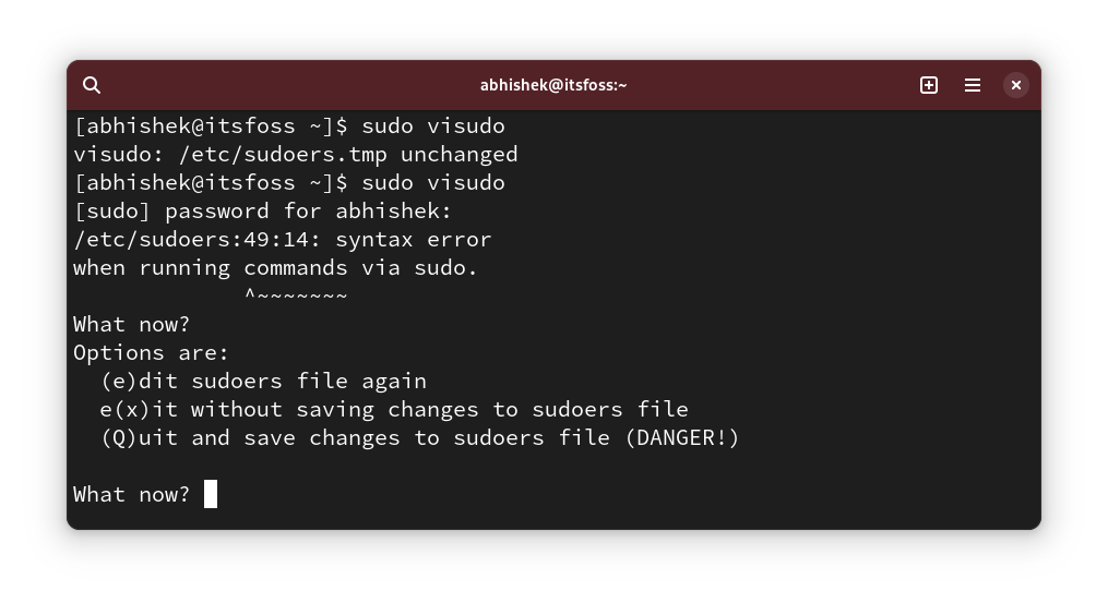 visudo 在保存到 sudoers 文件的变更前检查语法